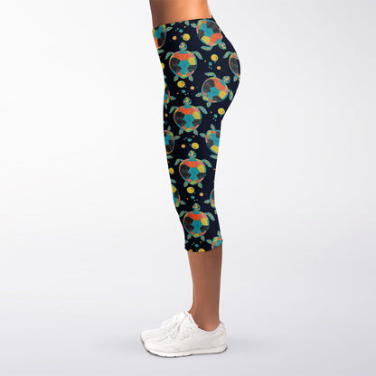 Retro Sea Turtle Pattern Print Women's Capri Leggings