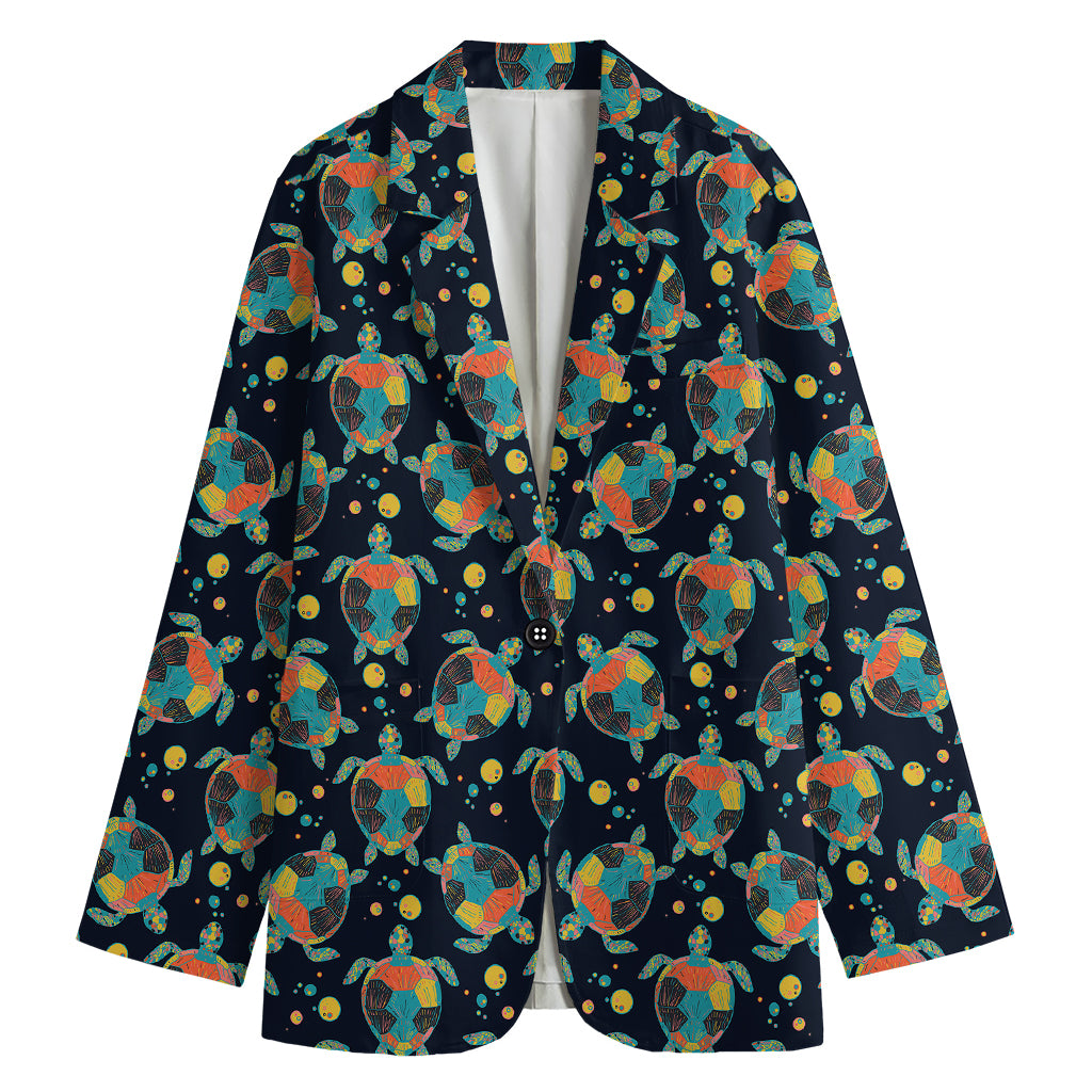 Retro Sea Turtle Pattern Print Women's Cotton Blazer