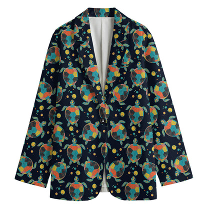 Retro Sea Turtle Pattern Print Women's Cotton Blazer