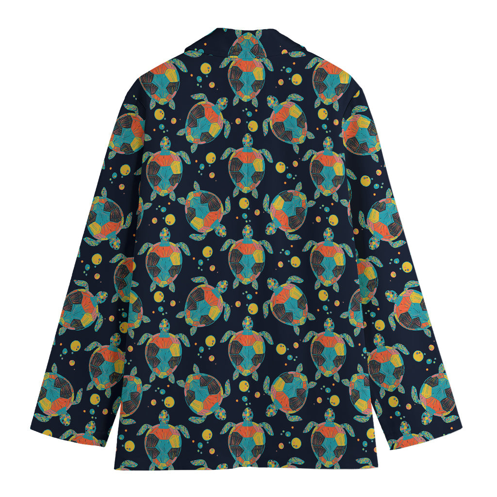 Retro Sea Turtle Pattern Print Women's Cotton Blazer