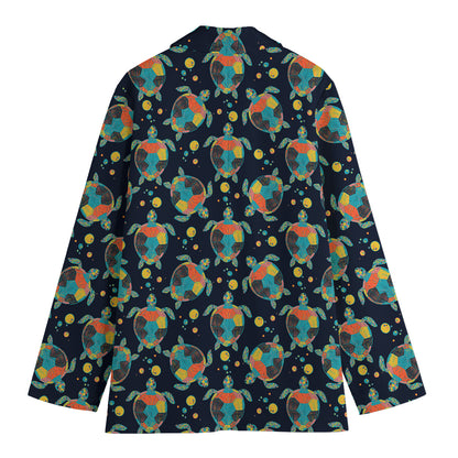 Retro Sea Turtle Pattern Print Women's Cotton Blazer