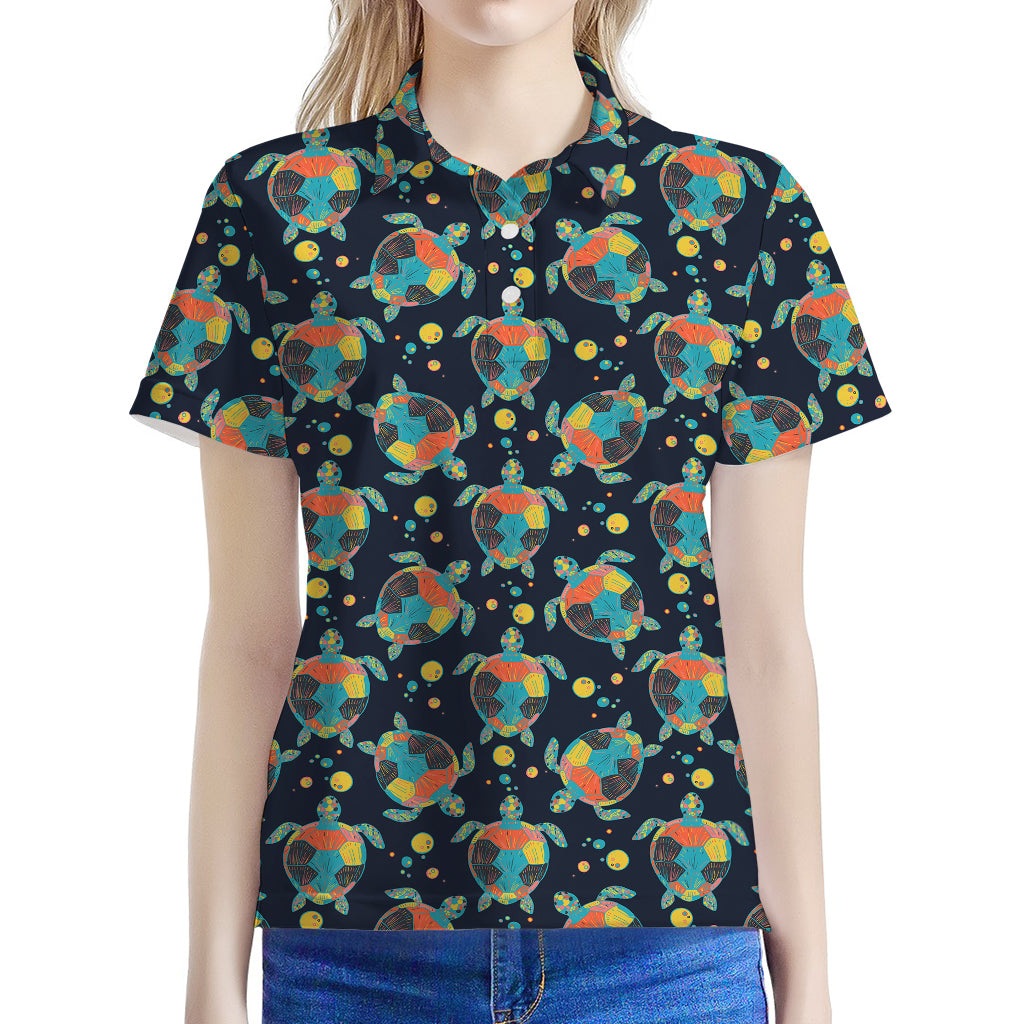 Retro Sea Turtle Pattern Print Women's Polo Shirt