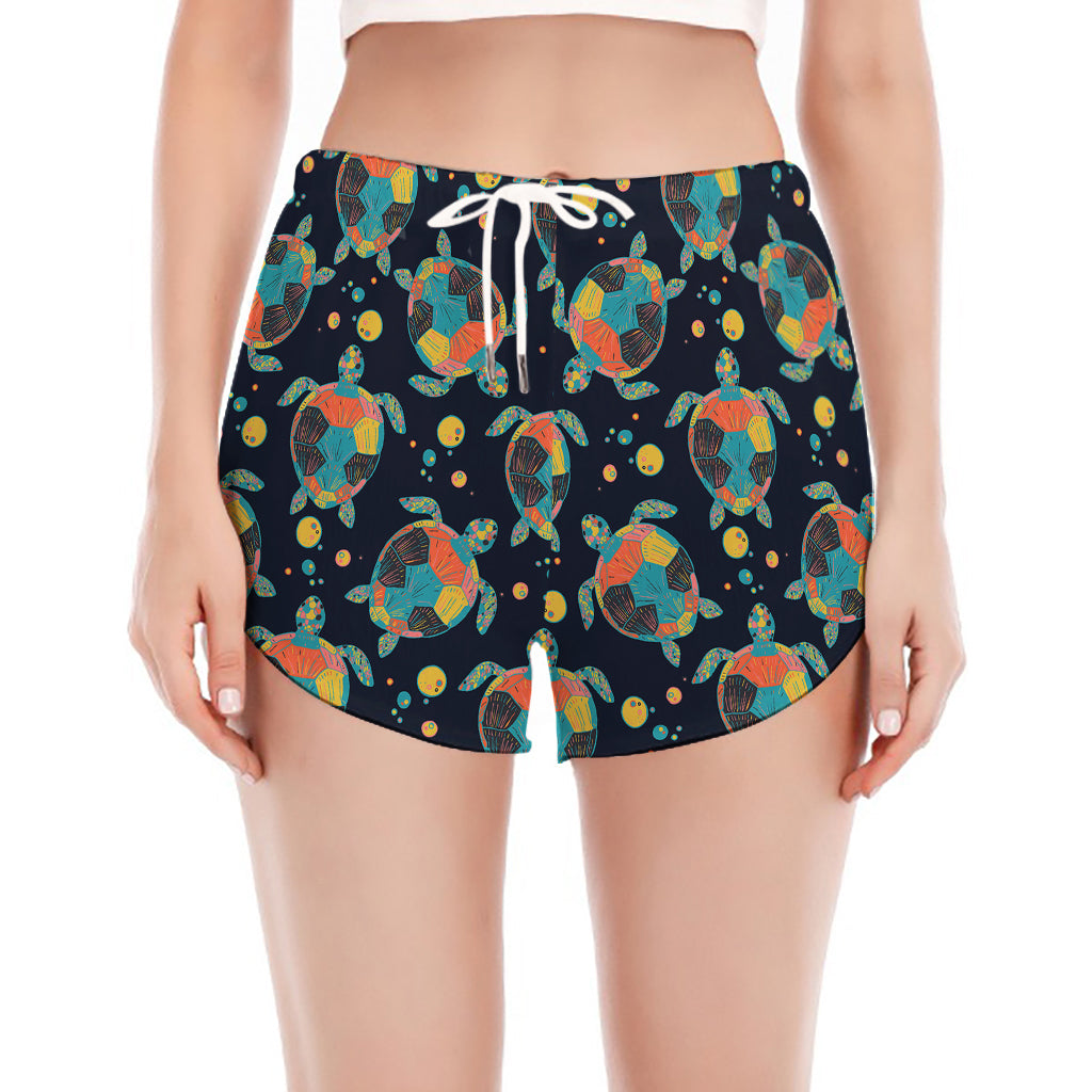 Retro Sea Turtle Pattern Print Women's Split Running Shorts