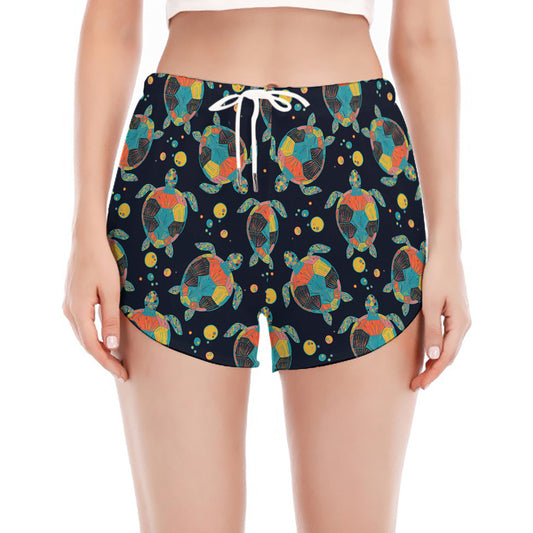 Retro Sea Turtle Pattern Print Women's Split Running Shorts