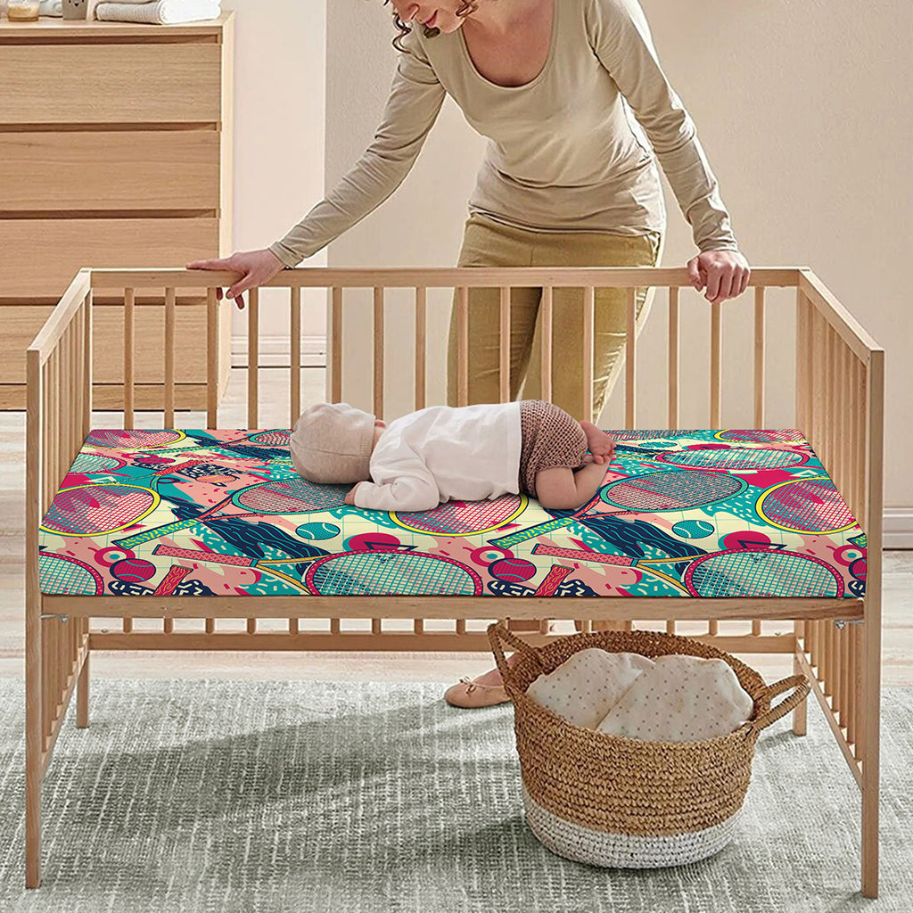 Retro Tennis Pattern Print Baby Crib Sheet