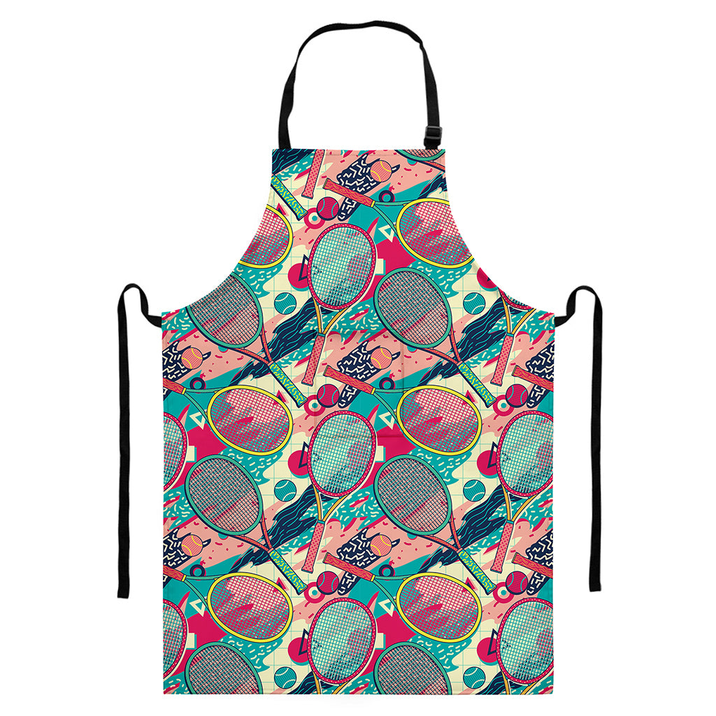 Retro Tennis Pattern Print Bib Apron With Pocket
