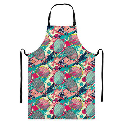 Retro Tennis Pattern Print Bib Apron With Pocket