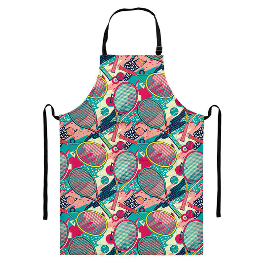 Retro Tennis Pattern Print Bib Apron With Pocket
