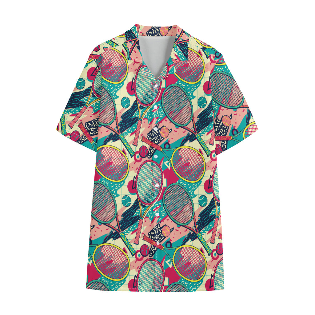Retro Tennis Pattern Print Cotton Hawaiian Shirt