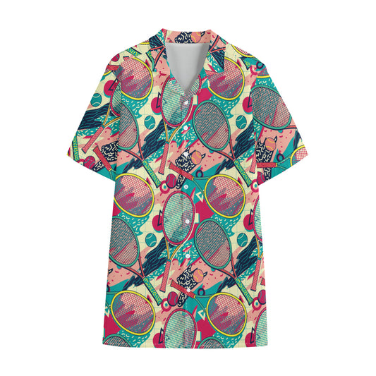 Retro Tennis Pattern Print Cotton Hawaiian Shirt