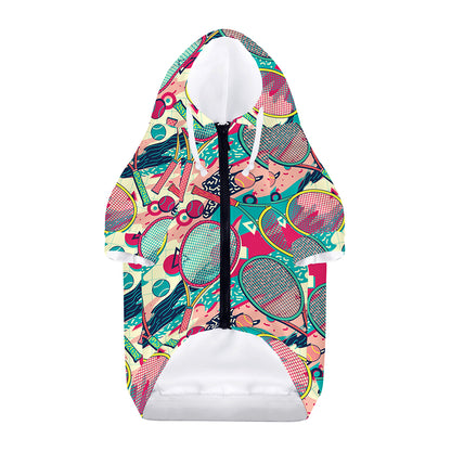 Retro Tennis Pattern Print Dog Zip Up Hoodie