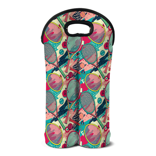 Retro Tennis Pattern Print Double Neoprene Wine Tote