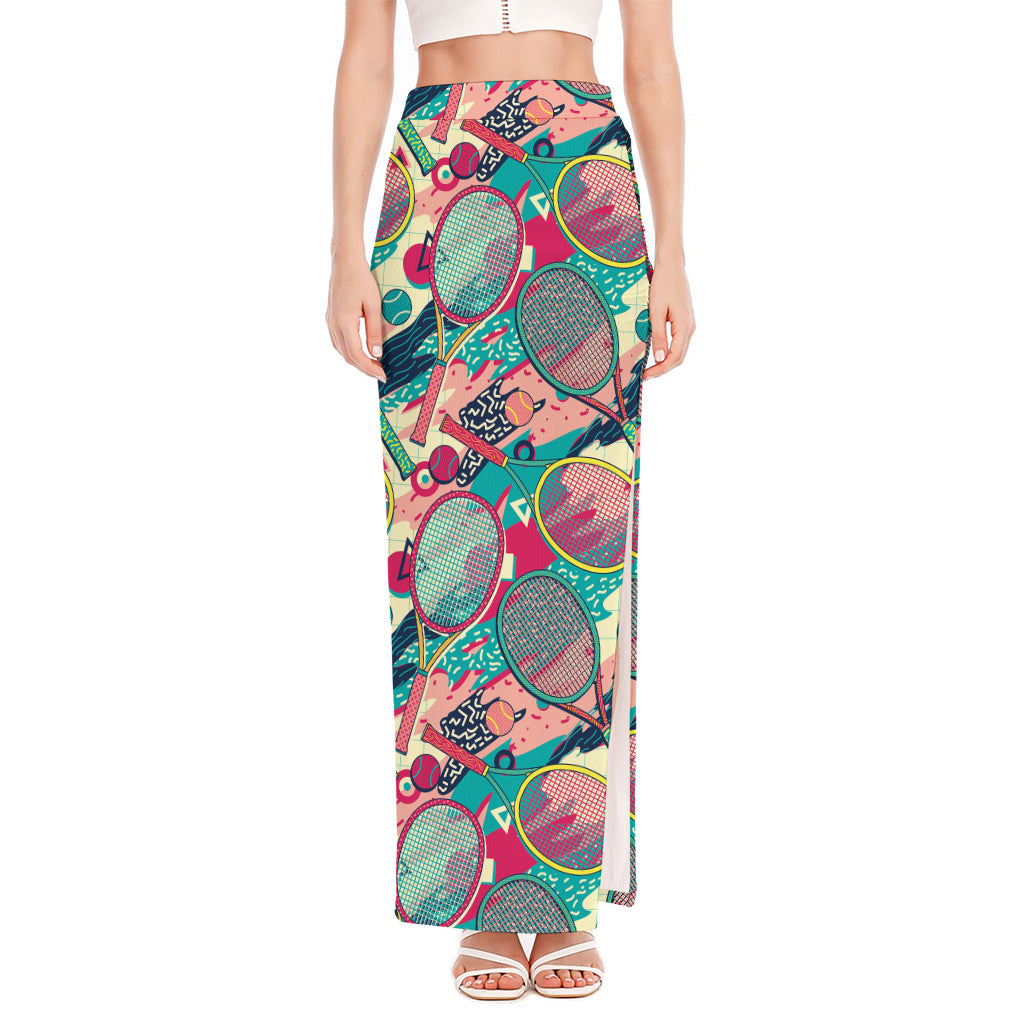 Retro Tennis Pattern Print High Slit Maxi Skirt