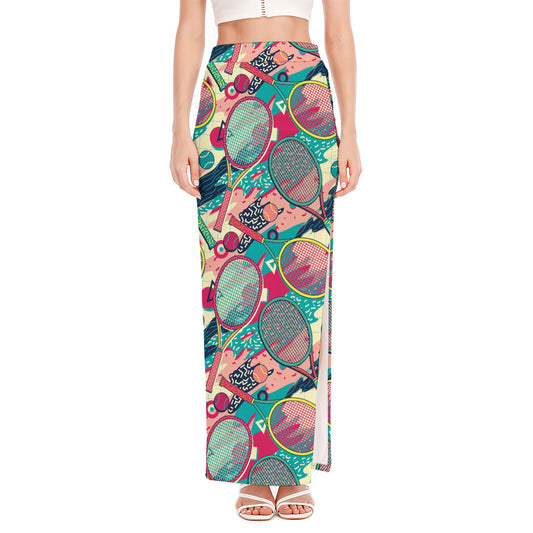 Retro Tennis Pattern Print High Slit Maxi Skirt