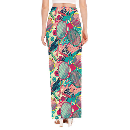 Retro Tennis Pattern Print High Slit Maxi Skirt