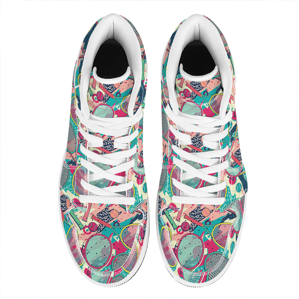 Retro Tennis Pattern Print High Top Leather Sneakers