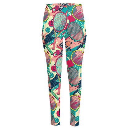 Retro Tennis Pattern Print High-Waisted Pocket Leggings