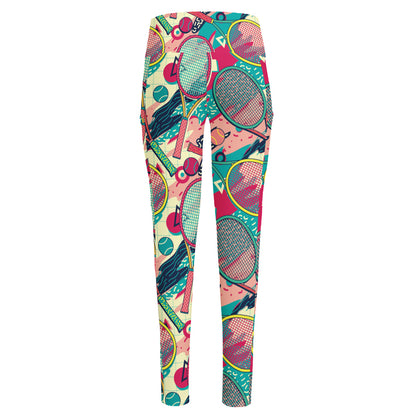 Retro Tennis Pattern Print High-Waisted Pocket Leggings