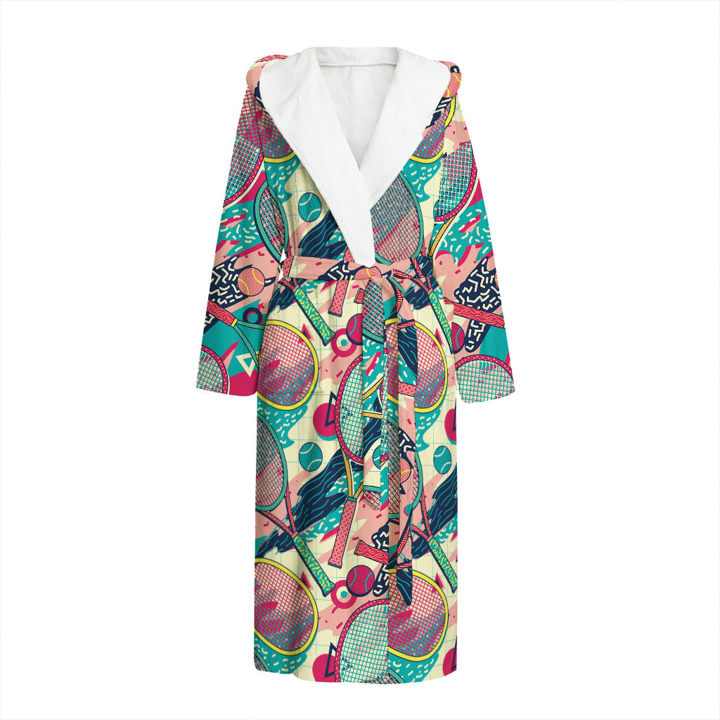 Retro Tennis Pattern Print Hooded Bathrobe