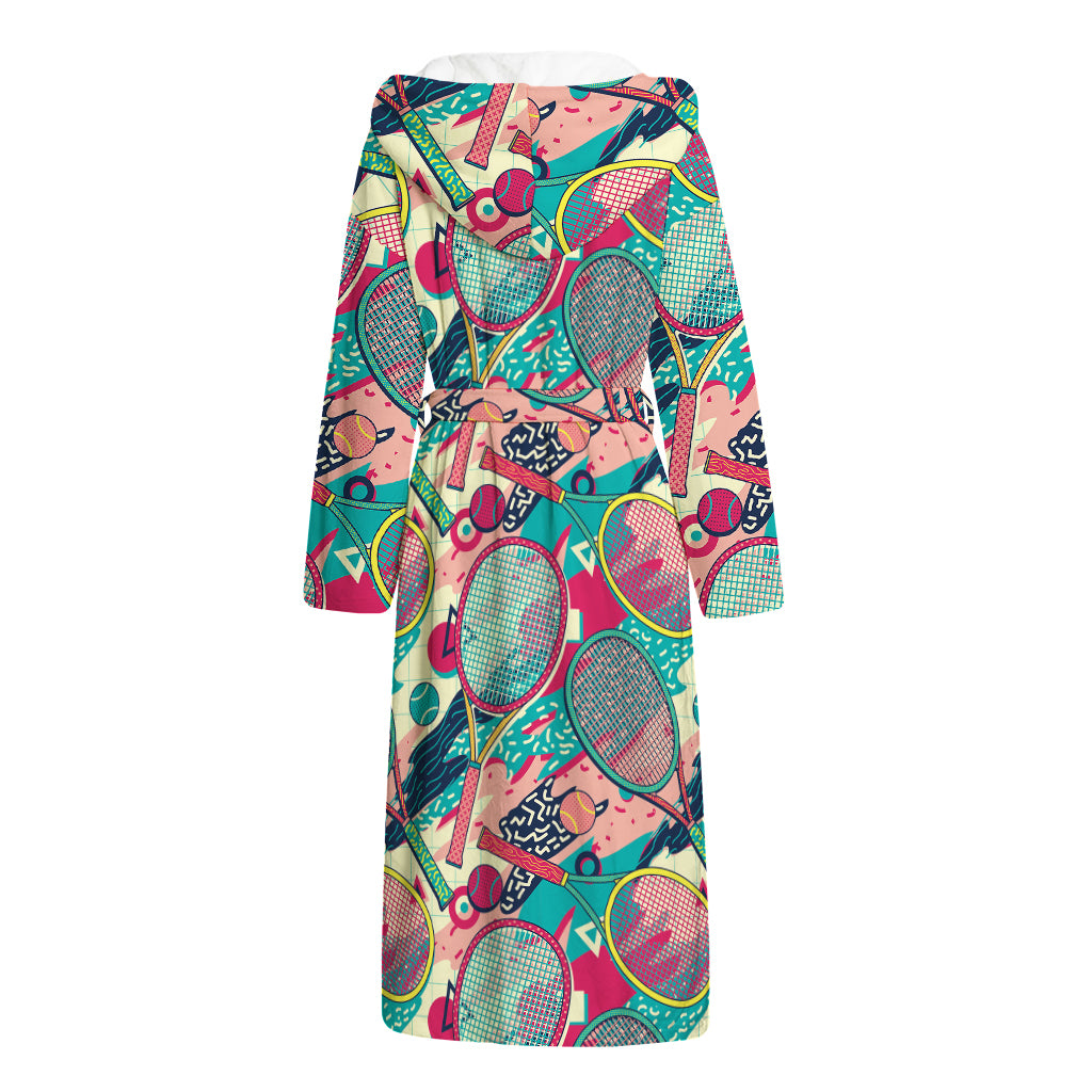 Retro Tennis Pattern Print Hooded Bathrobe