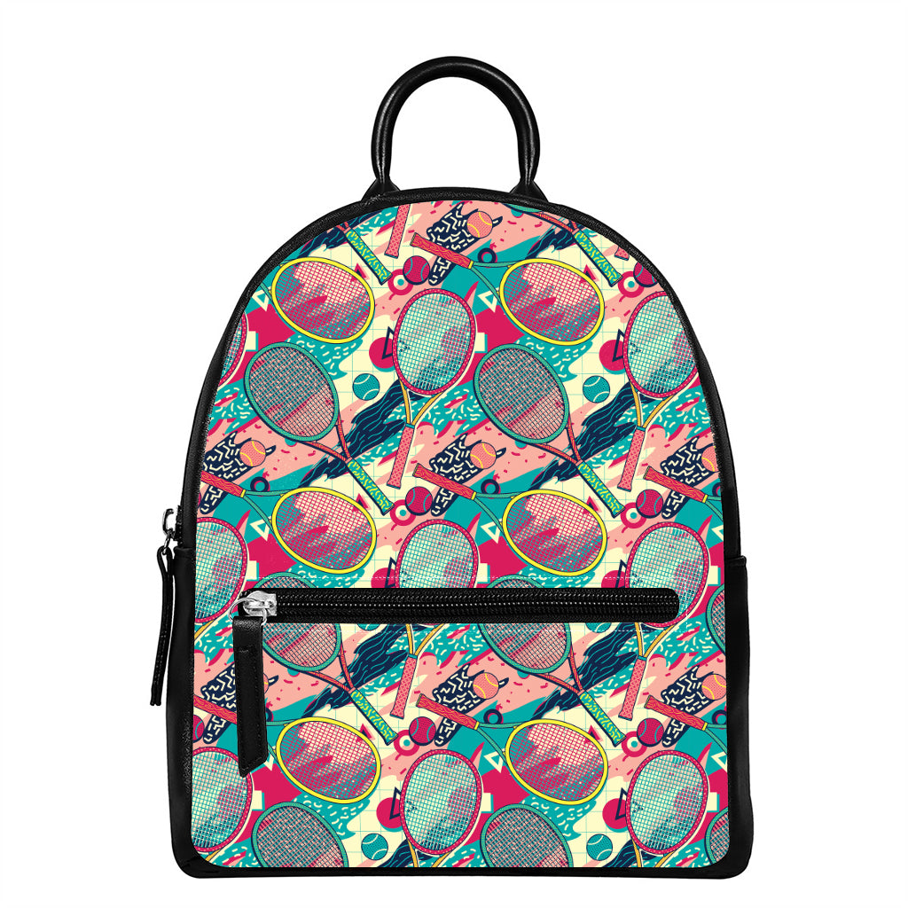 Retro Tennis Pattern Print Leather Backpack