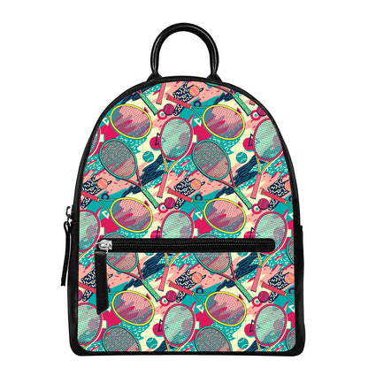 Retro Tennis Pattern Print Leather Backpack