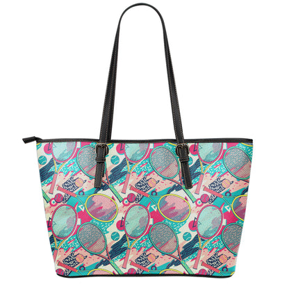 Retro Tennis Pattern Print Leather Tote Bag