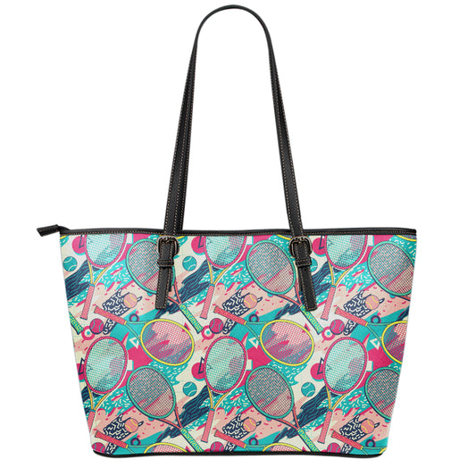 Retro Tennis Pattern Print Leather Tote Bag