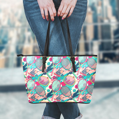Retro Tennis Pattern Print Leather Tote Bag