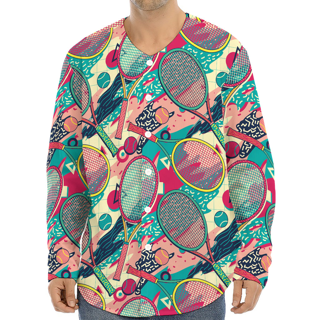 Retro Tennis Pattern Print Long Sleeve Baseball Jersey