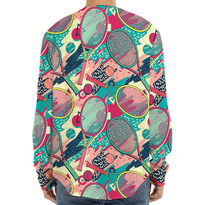 Retro Tennis Pattern Print Long Sleeve Baseball Jersey