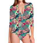 Retro Tennis Pattern Print Long Sleeve Swimsuit