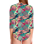 Retro Tennis Pattern Print Long Sleeve Swimsuit