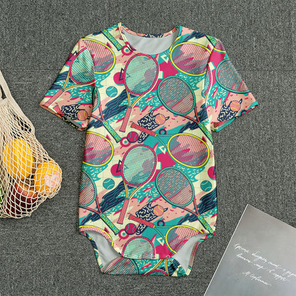 Retro Tennis Pattern Print Men's Bodysuit