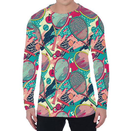 Retro Tennis Pattern Print Men's Long Sleeve T-Shirt