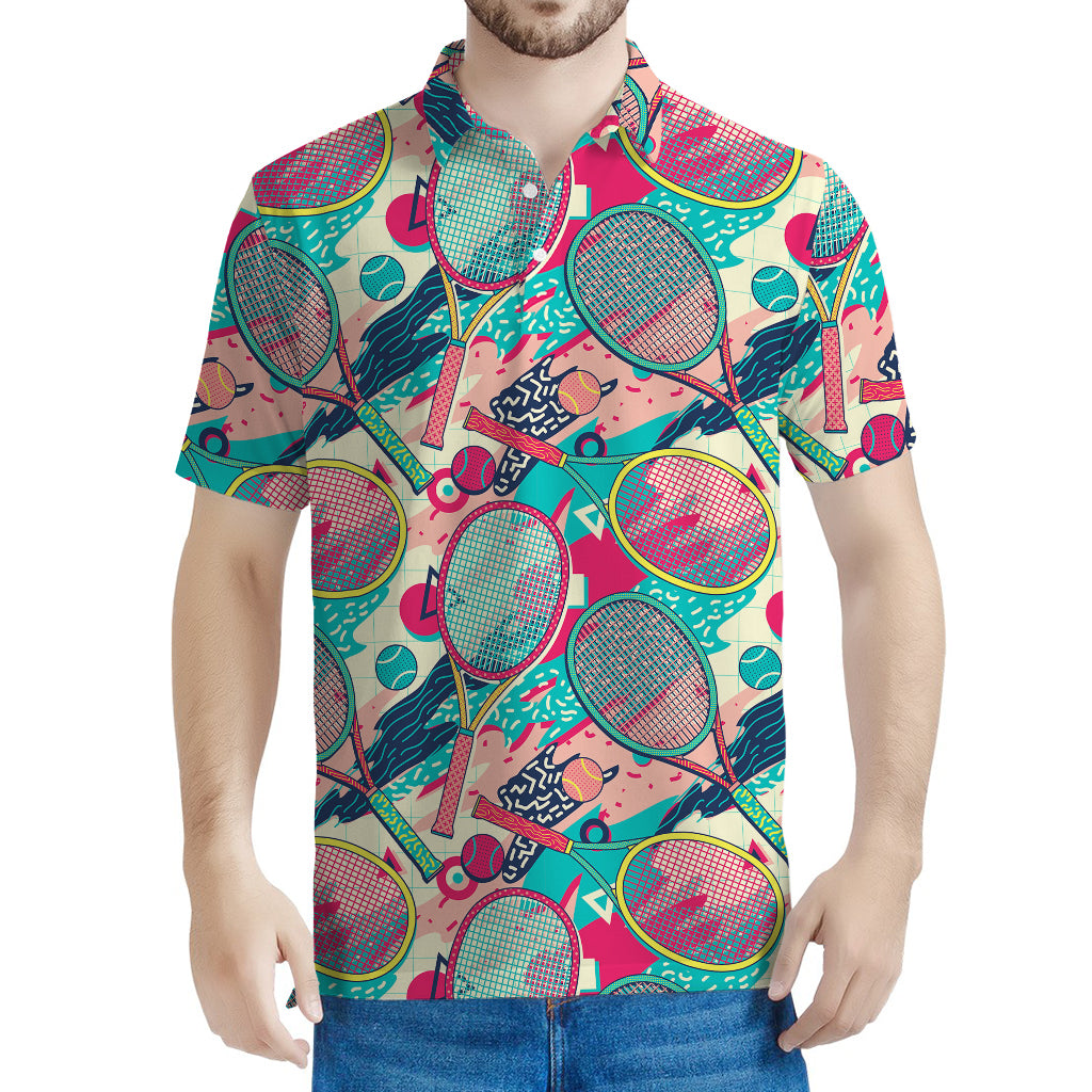 Retro Tennis Pattern Print Men's Polo Shirt