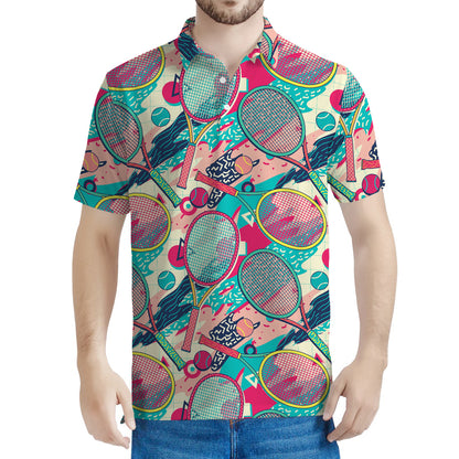 Retro Tennis Pattern Print Men's Polo Shirt