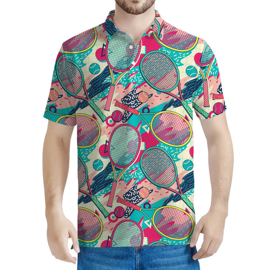 Retro Tennis Pattern Print Men's Polo Shirt