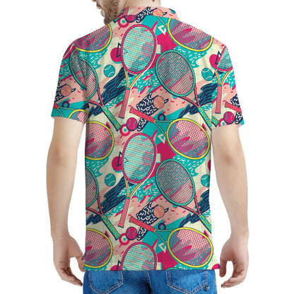 Retro Tennis Pattern Print Men's Polo Shirt