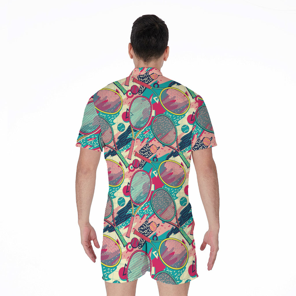 Retro Tennis Pattern Print Men's Rompers