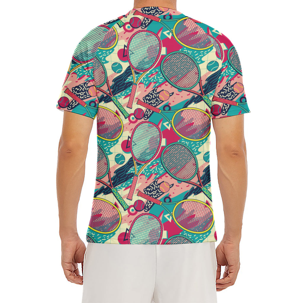Retro Tennis Pattern Print Men's Short Sleeve Rash Guard