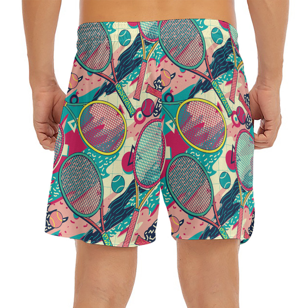 Retro Tennis Pattern Print Men's Split Running Shorts