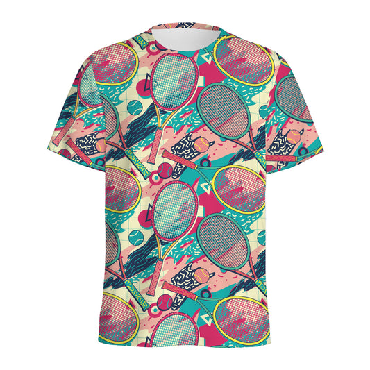 Retro Tennis Pattern Print Men's Sports T-Shirt