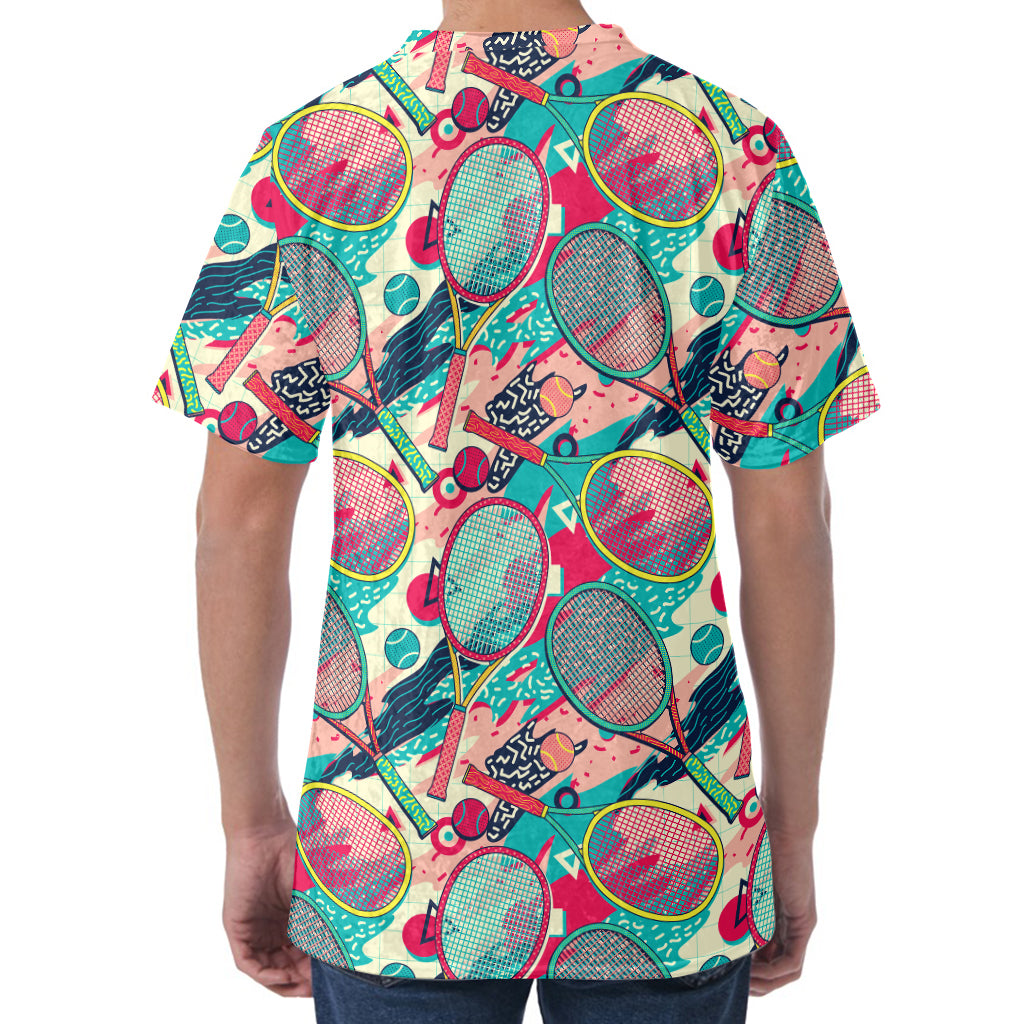 Retro Tennis Pattern Print Men's Velvet T-Shirt