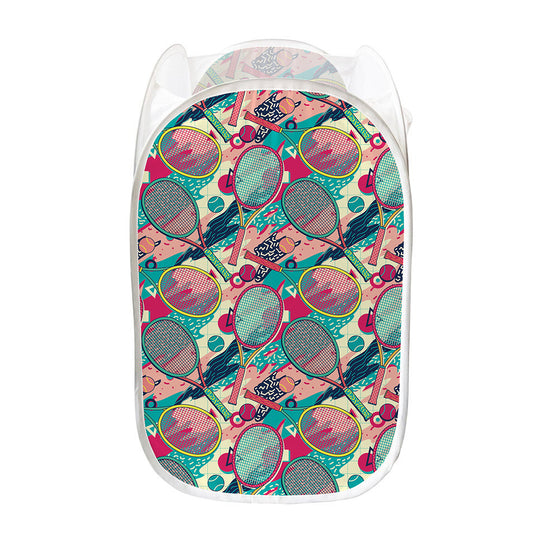 Retro Tennis Pattern Print Mesh Laundry Hamper