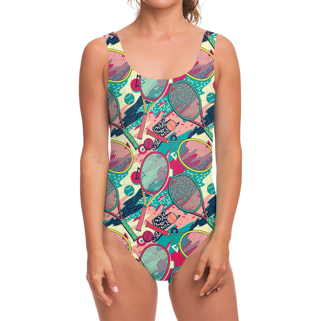 Retro Tennis Pattern Print One Piece Swimsuit