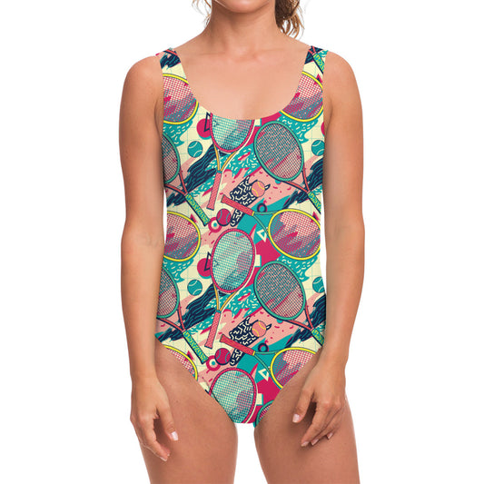 Retro Tennis Pattern Print One Piece Swimsuit
