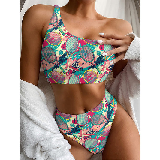 Retro Tennis Pattern Print One Shoulder Bikini Top