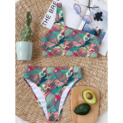 Retro Tennis Pattern Print One Shoulder Bikini Top