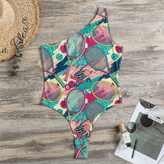 Retro Tennis Pattern Print One Shoulder Bodysuit